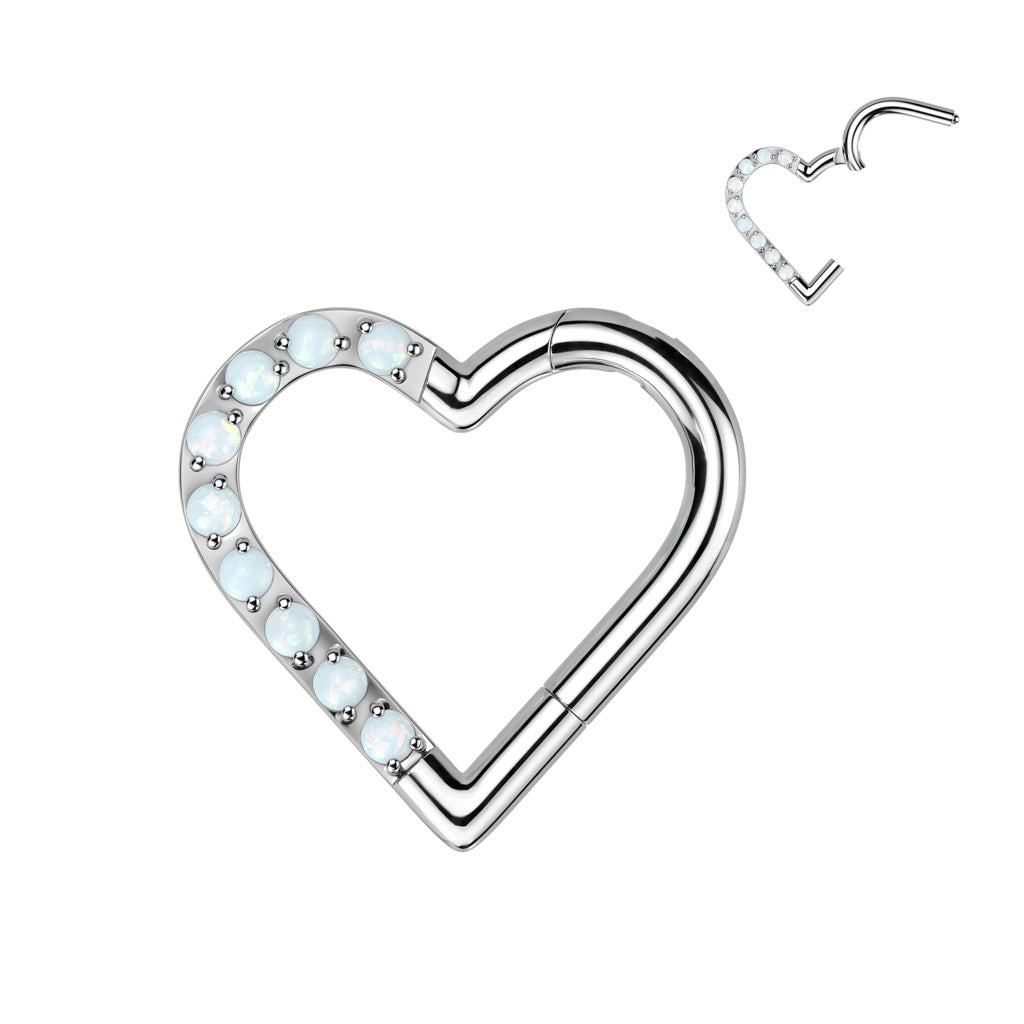 16G Titanium Hinged Hoop W/ Half Pave Opal Heart For Daith Piercings